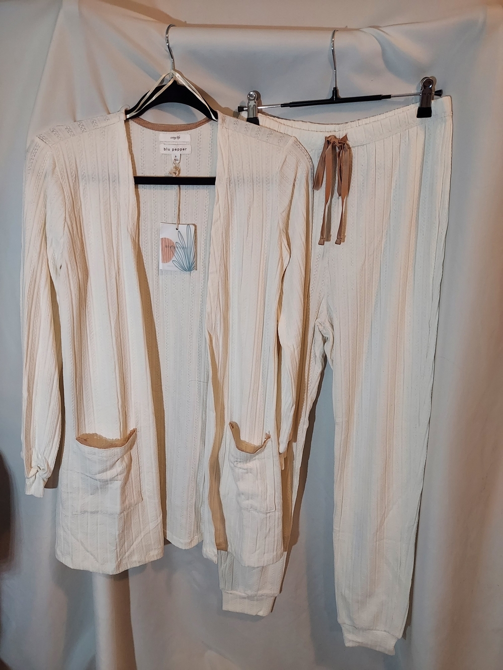 Blu Pepper Cream Ribbed Lounge Cardigan & Joggers Set